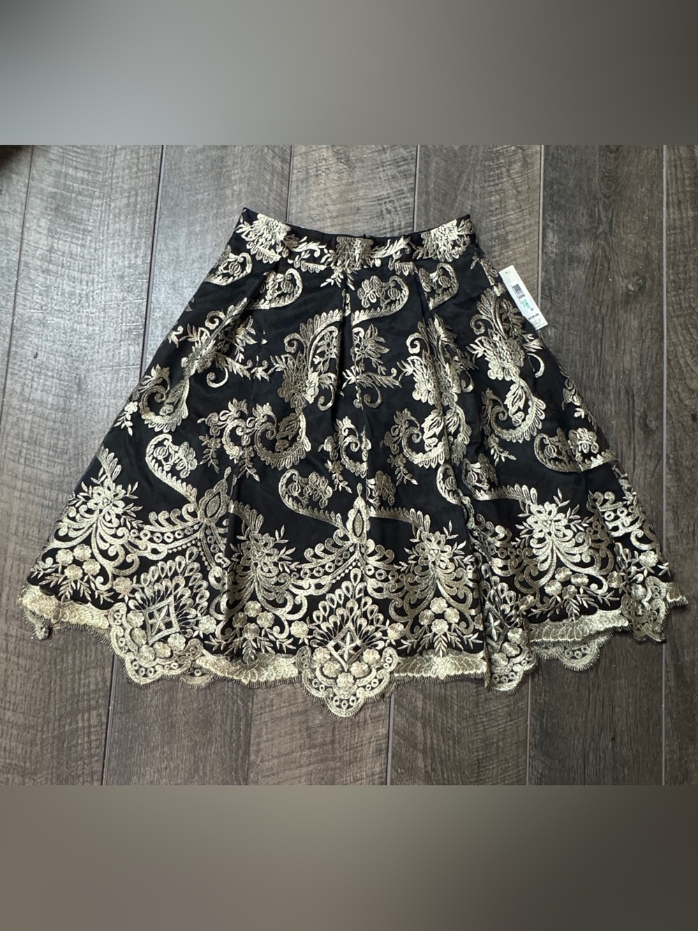 Eliza J Black Skirt with Gold Metallic Embroidery